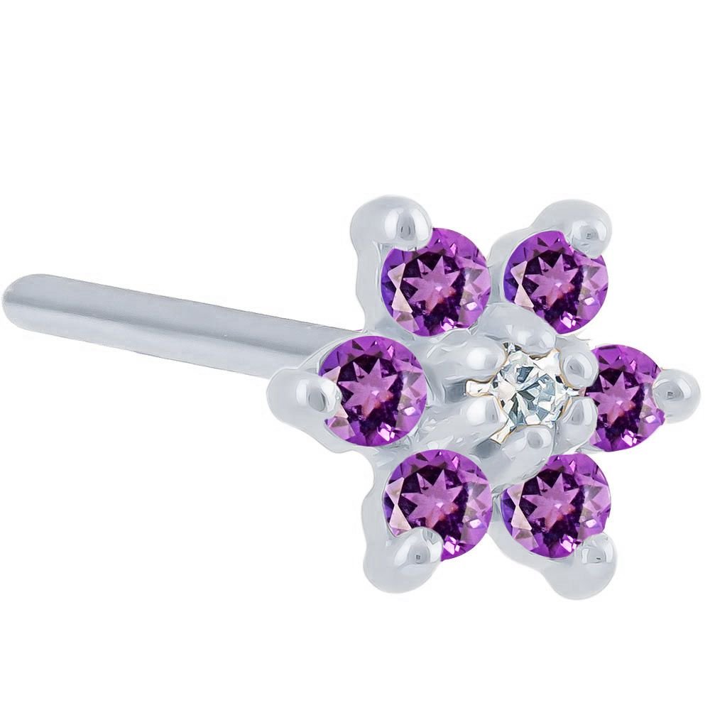 Colorful CZ Flower 14K Gold Nose Ring Pin Post-14K White Gold   20G   Purple , Clear