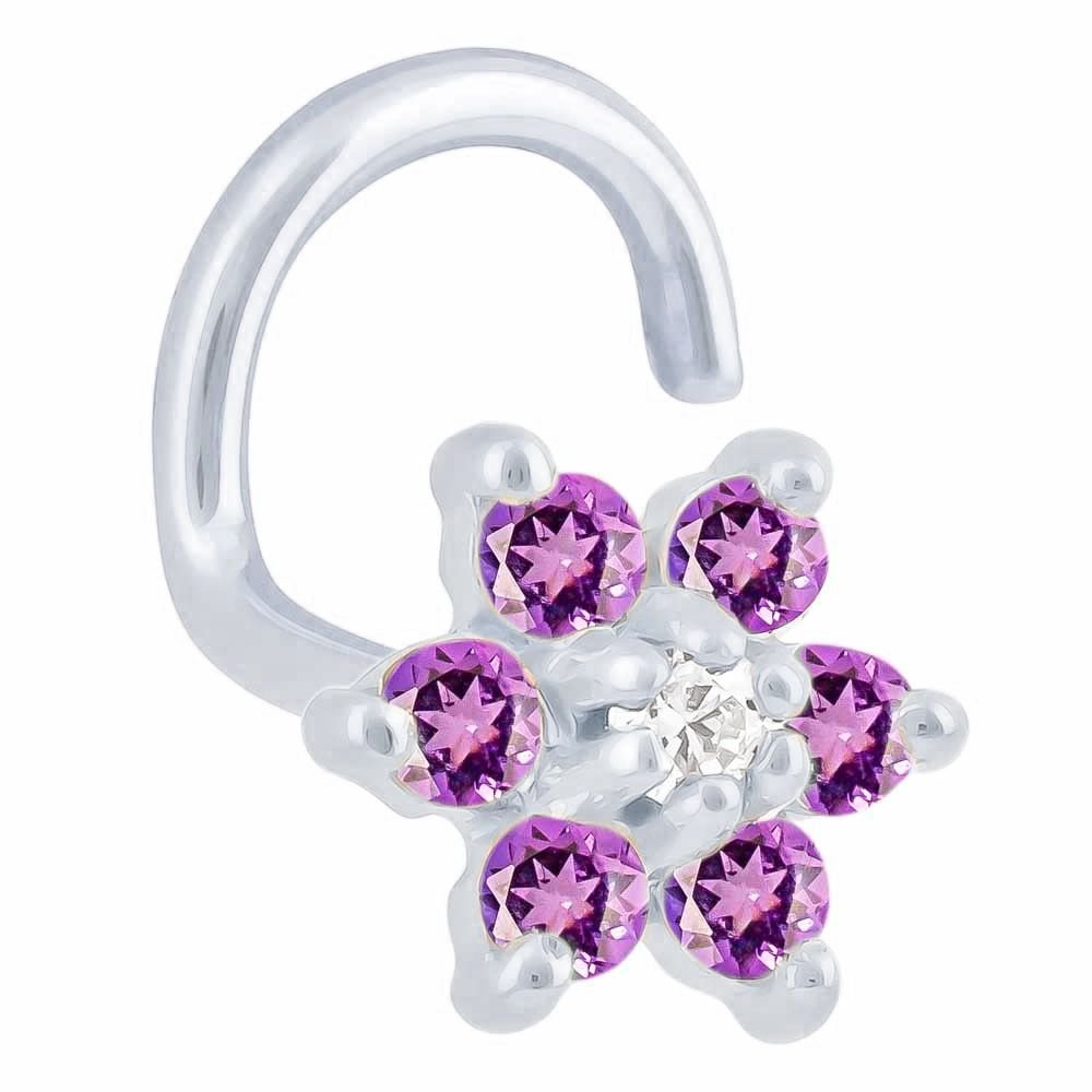 Colorful CZ Flower 14K Gold Nose Twist-14K White Gold   20G   Purple , Clear