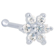 14K white gold diamond flower nose bone stud, angled view showing ball end and 7-diamond flower cluster