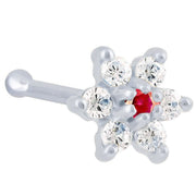 14K white gold flower nose bone with red ruby CZ center and clear CZ petals, angled view
