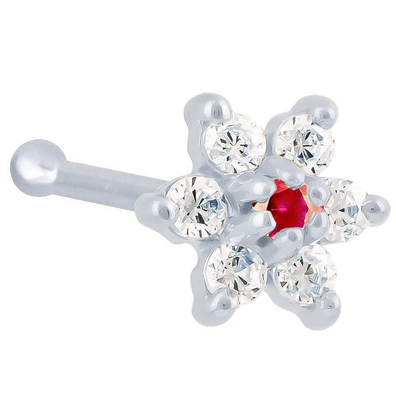14K white gold flower nose bone with red ruby CZ center and clear CZ petals, angled view