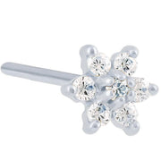 14K white gold diamond flower nose ring straight post style, angled view showing straight pin post end