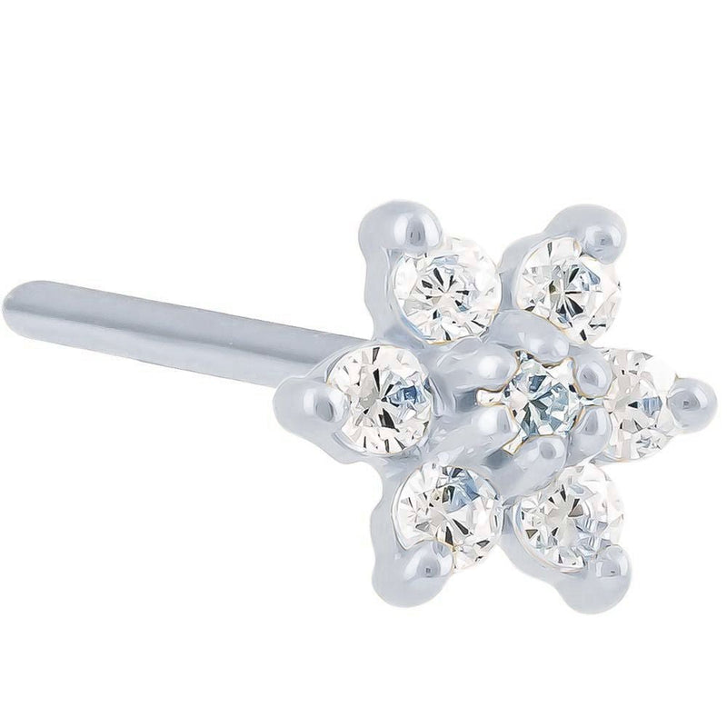 14K white gold diamond flower nose ring straight post style, angled view showing straight pin post end