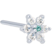14K white gold flower nose ring with aquamarine teal CZ center stone, 20G gauge