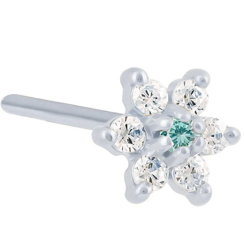 14K white gold flower nose ring with aquamarine teal CZ center stone, 20G gauge