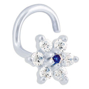 14K white gold CZ flower nose ring twist with blue sapphire center CZ, front angled view on white