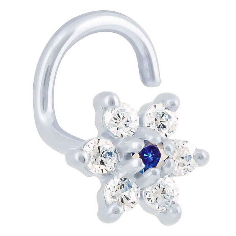14K white gold CZ flower nose ring twist with blue sapphire center CZ, front angled view on white