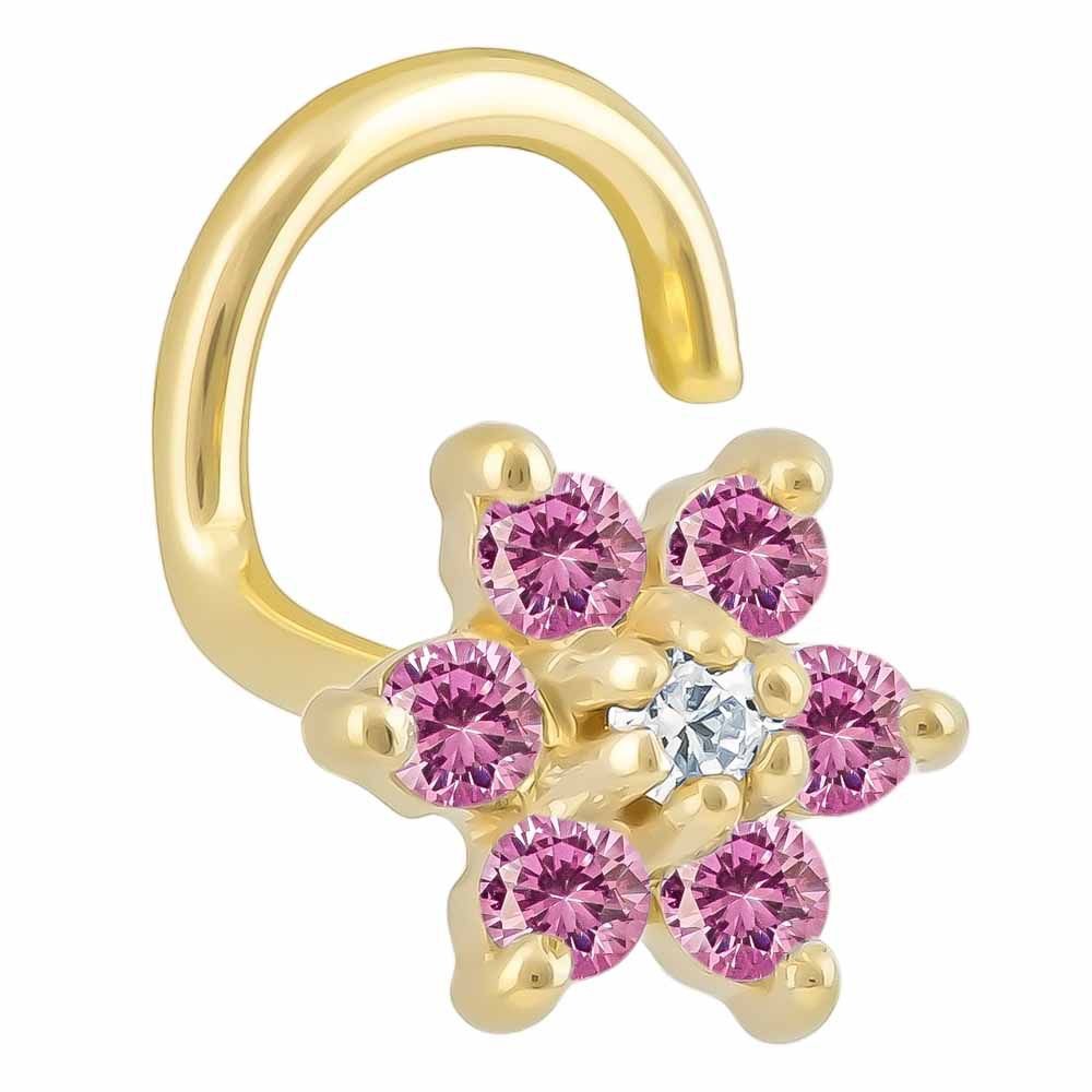 Colorful CZ Flower 14K Gold Nose Twist-14K Yellow Gold   20G   Pink , Clear