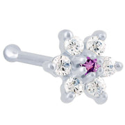 14K white gold flower nose bone with purple amethyst CZ center and clear CZ petals, angled view