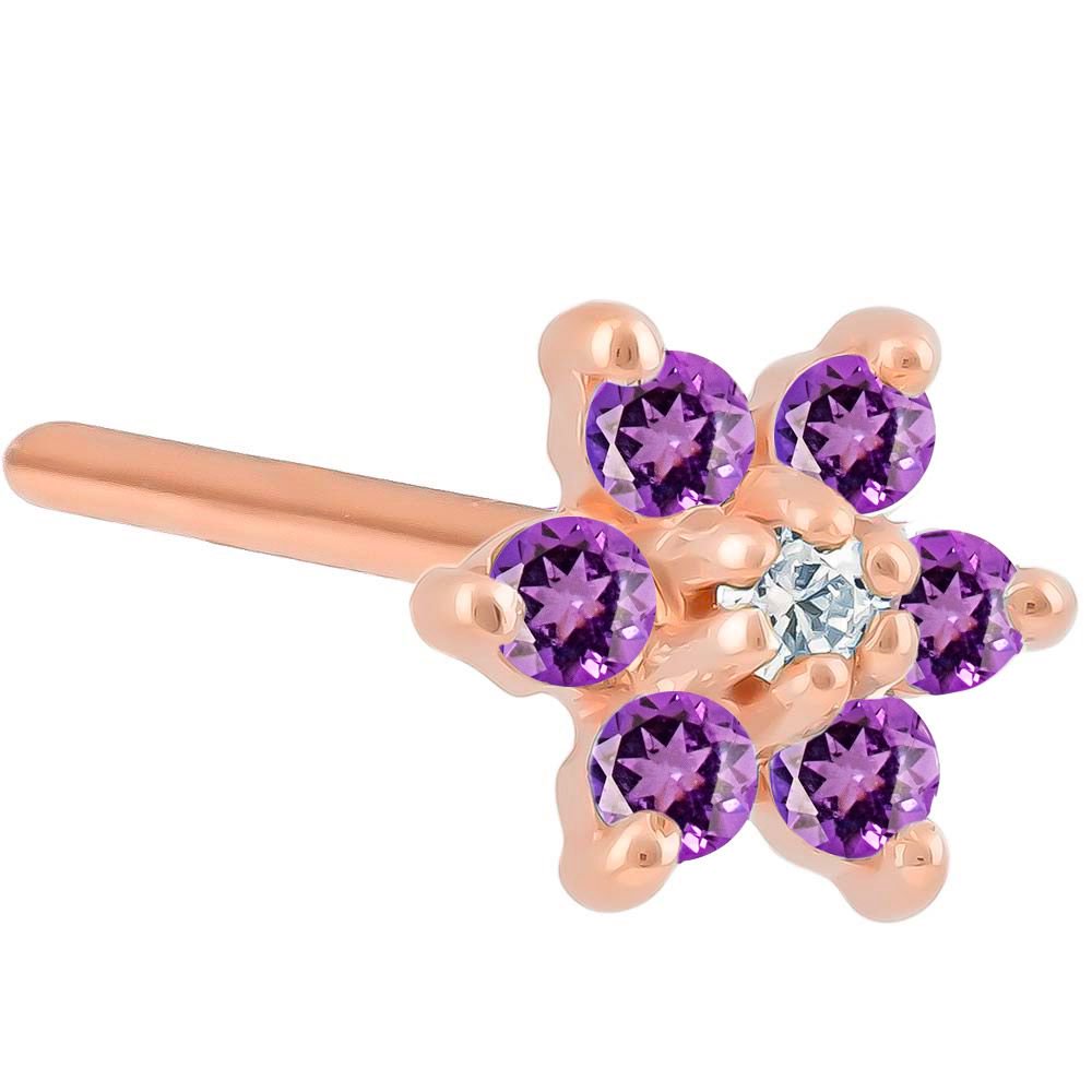 Colorful CZ Flower 14K Gold Nose Ring Pin Post-14K Rose Gold   20G   Purple , Clear