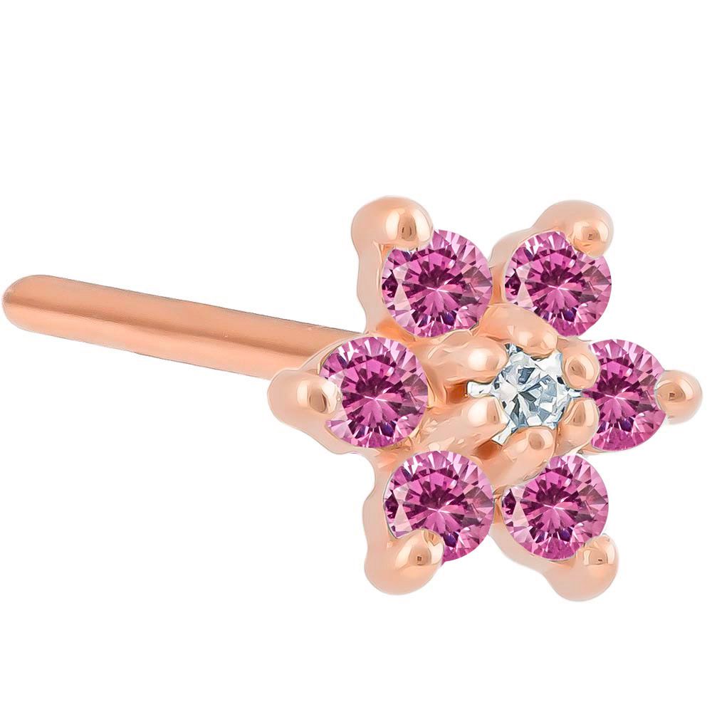 Colorful CZ Flower 14K Gold Nose Ring Pin Post-14K Rose Gold   20G   Pink , Clear
