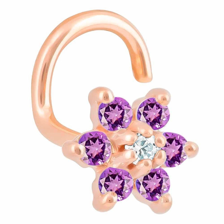 Colorful CZ Flower 14K Gold Nose Twist-14K Rose Gold   20G   Purple , Clear