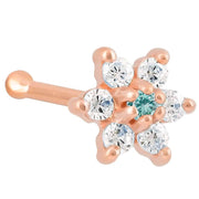 14K rose gold flower nose bone with light blue aquamarine CZ center and clear CZ petals