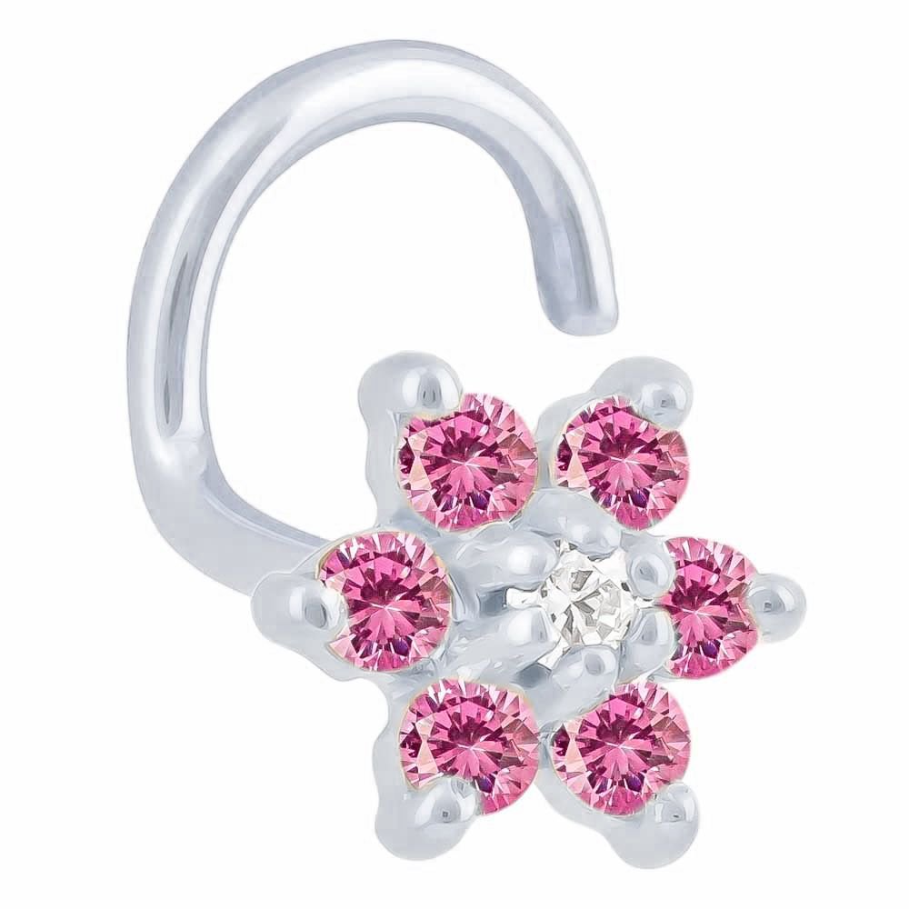 Colorful CZ Flower 14K Gold Nose Twist-14K White Gold   20G   Pink , Clear