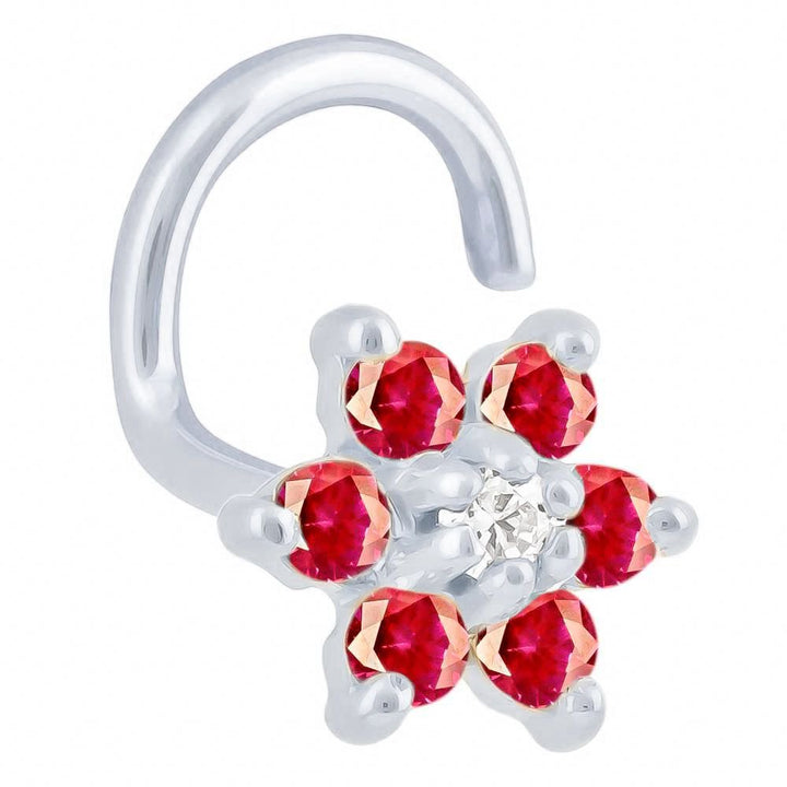 Colorful CZ Flower 14K Gold Nose Twist-14K White Gold   20G   Red , Clear