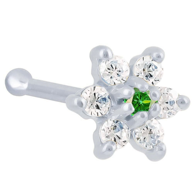 14K white gold CZ flower nose bone with dark green emerald CZ center stone, angled view