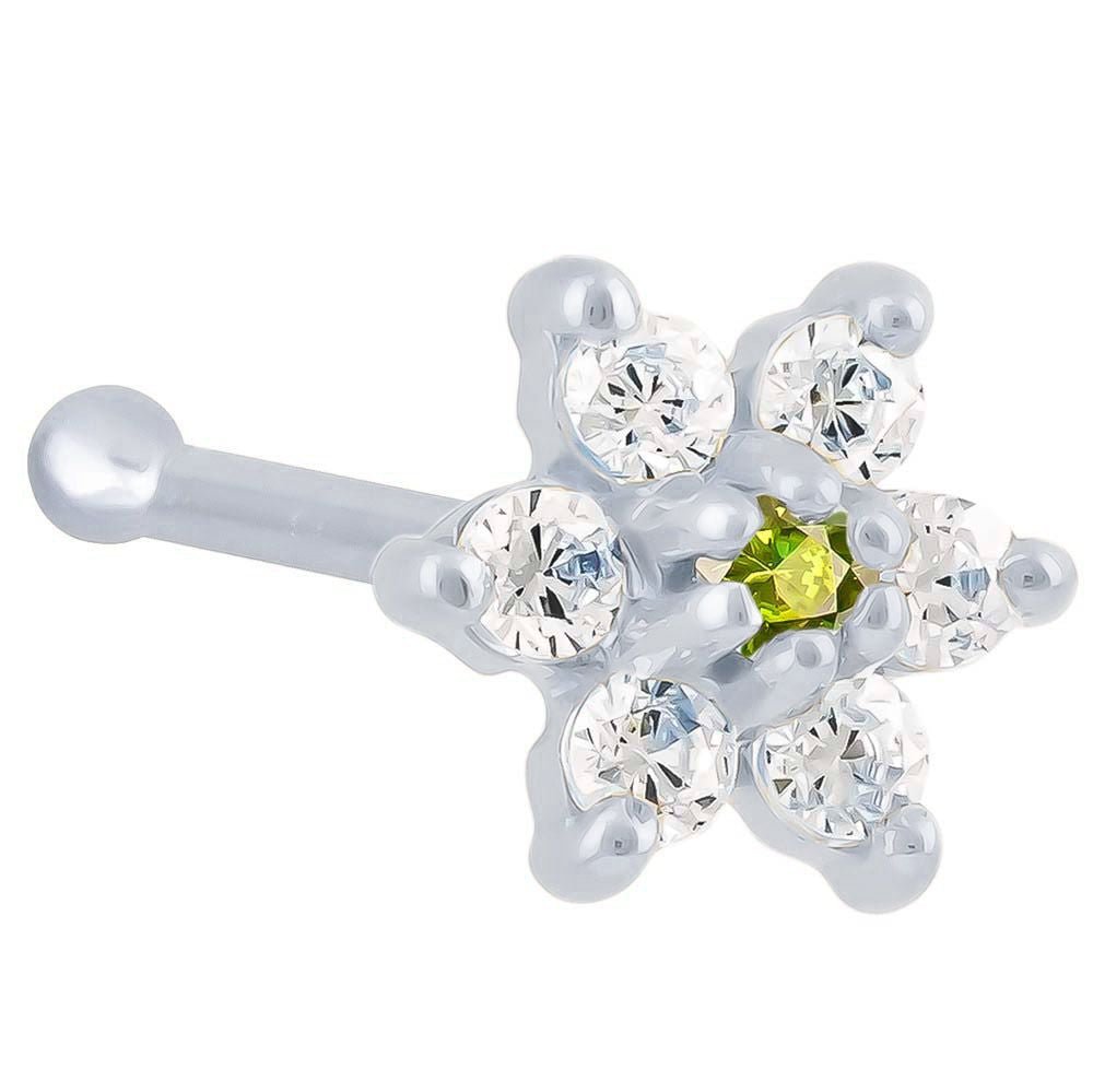 Cubic Zirconia Flower 14K Gold Nose Ring Bone-14K White Gold   20G   Peridot CZ