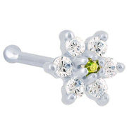14K white gold flower nose bone with light green peridot CZ center and clear CZ petals, angled view