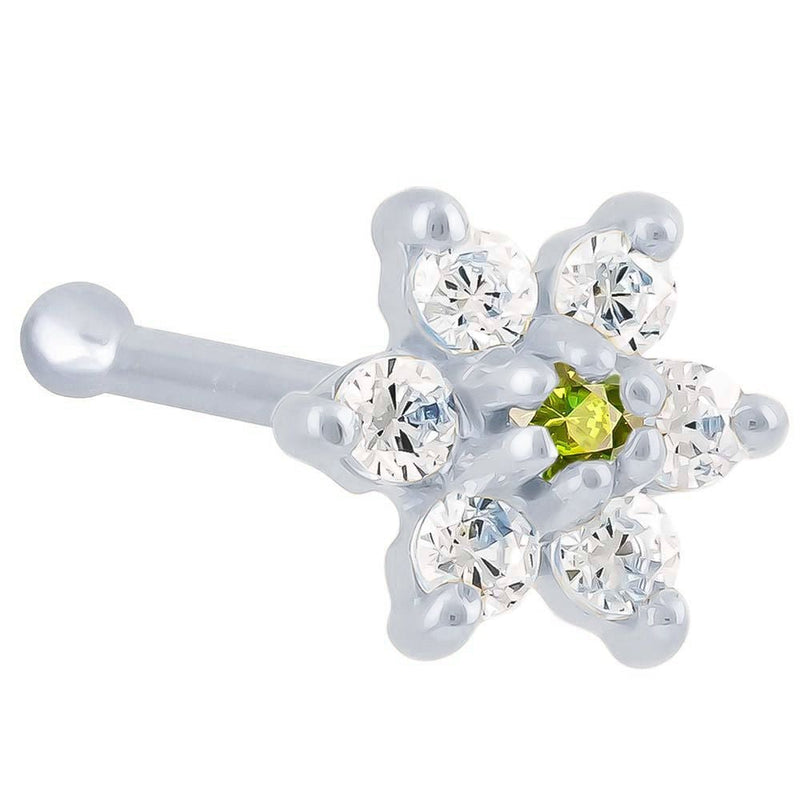 14K white gold flower nose bone with light green peridot CZ center and clear CZ petals, angled view