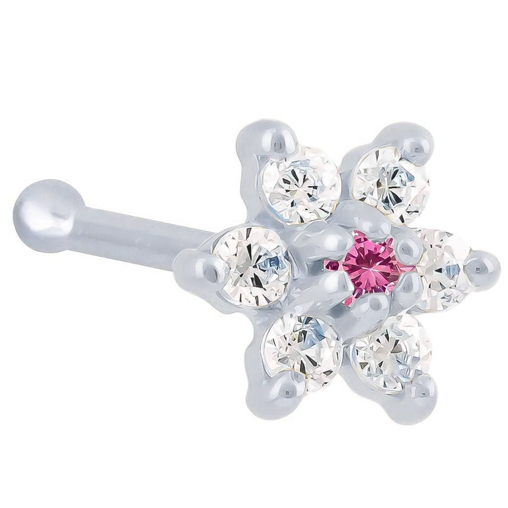 Cubic Zirconia Flower 14K Gold Nose Ring Bone-14K White Gold   20G   Pink Tourmaline CZ