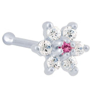 14K white gold flower nose bone with pink tourmaline CZ center and clear CZ petals, angled view