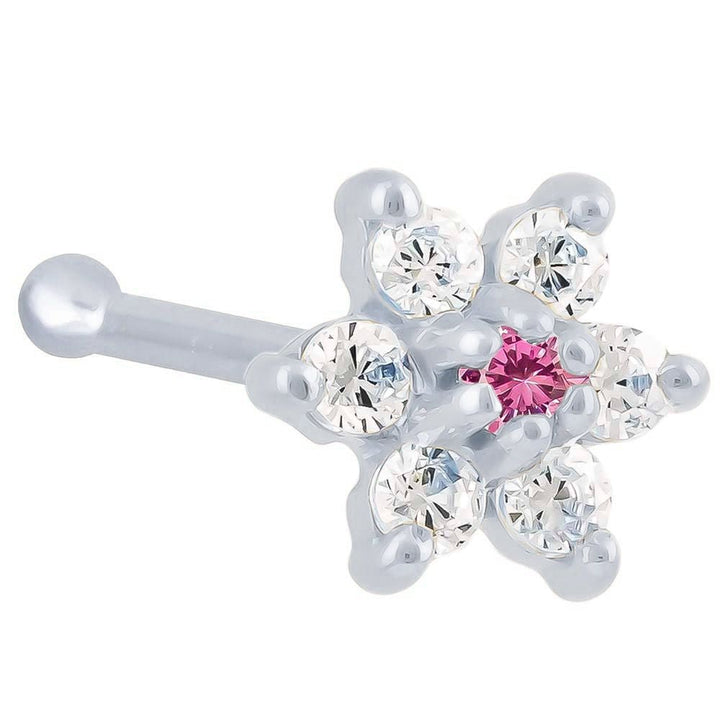 Cubic Zirconia Flower 14K Gold Nose Ring Bone-14K White Gold   20G   Pink Tourmaline CZ