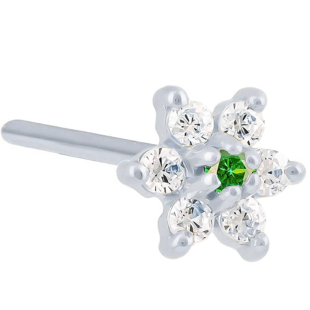 Cubic Zirconia Flower 14K Gold Pin Post Nose Ring-14K White Gold   20G   Emerald CZ