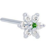 14K white gold flower nose ring with bright green emerald CZ center, 20G pin post