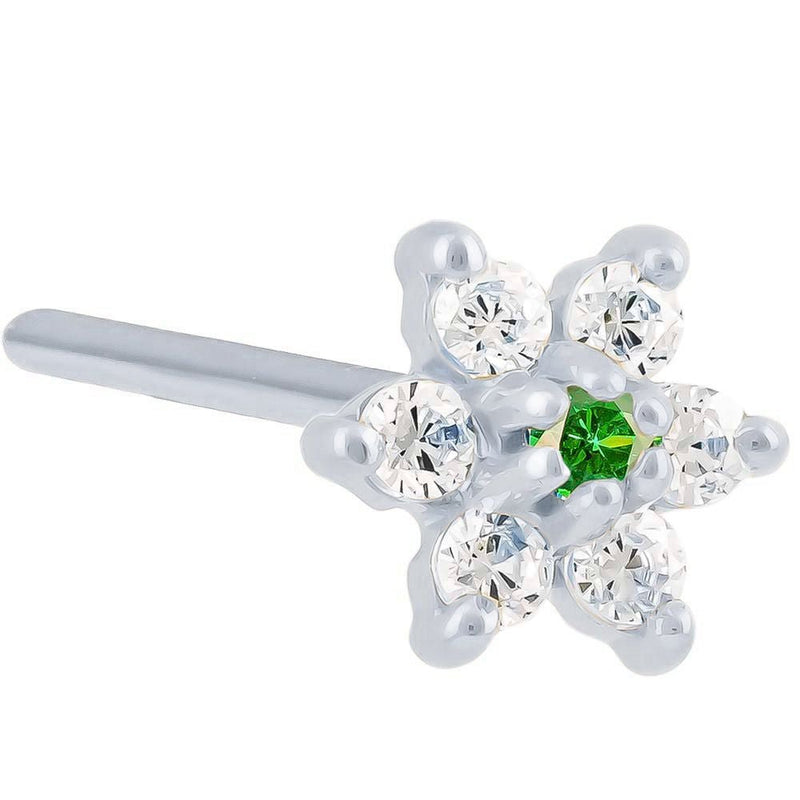 14K white gold flower nose ring with bright green emerald CZ center, 20G pin post