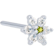 14K white gold flower nose ring with light green peridot CZ center and clear CZ petals