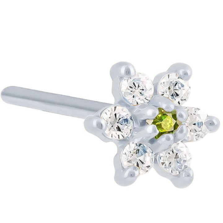 Cubic Zirconia Flower 14K Gold Pin Post Nose Ring-14K White Gold   20G   Peridot CZ