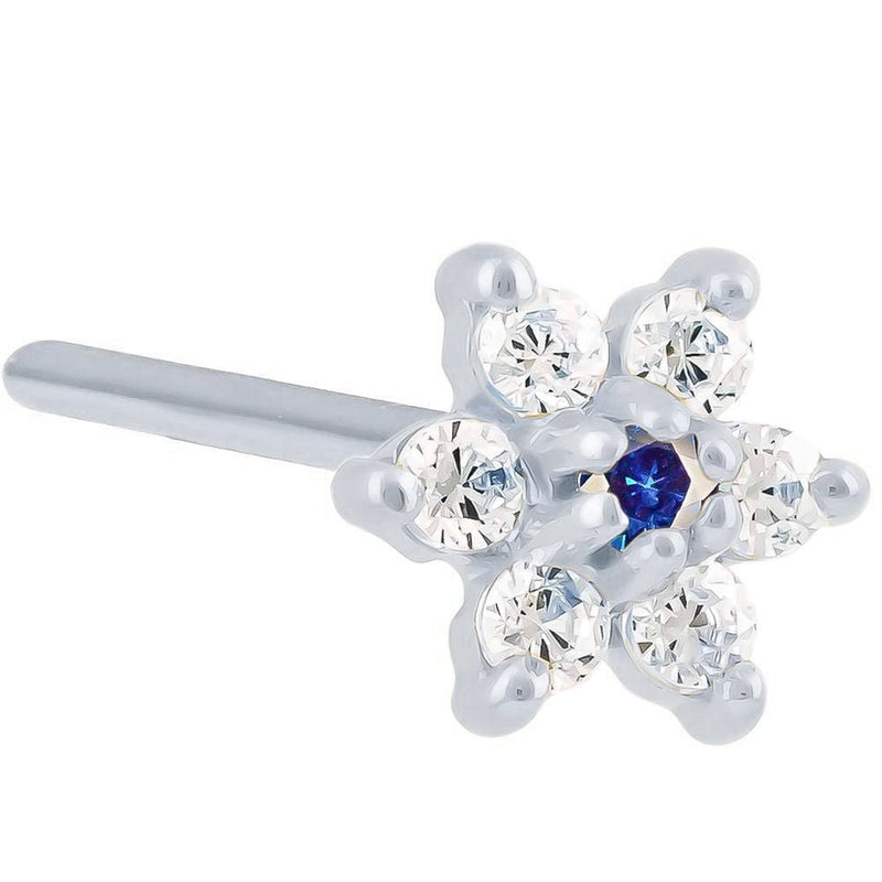 14K white gold flower nose ring with deep blue sapphire CZ center, 20G pin post