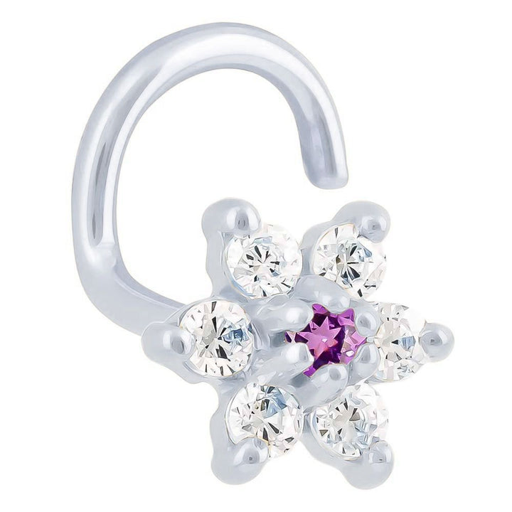 Cubic Zirconia Flower 14K Gold Nose Ring Twist-14K White Gold   20G   Amethyst CZ