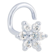 14K white gold diamond flower nose ring twist style, side-angled product view on white background