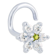 14K white gold CZ flower nose ring twist with light green peridot center CZ, front angled view