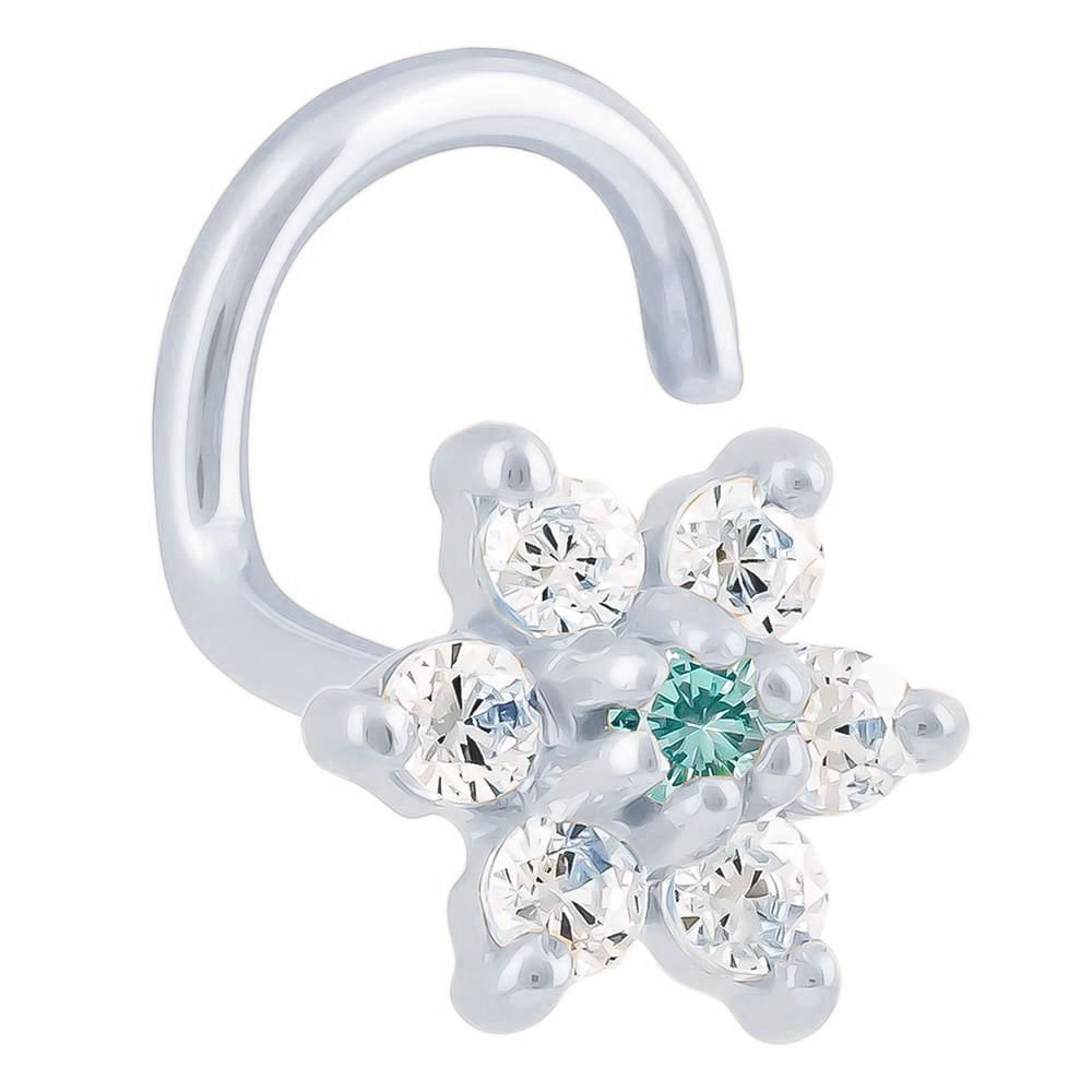 Cubic Zirconia Flower 14K Gold Nose Ring Twist-14K White Gold   20G   Aquamarine CZ