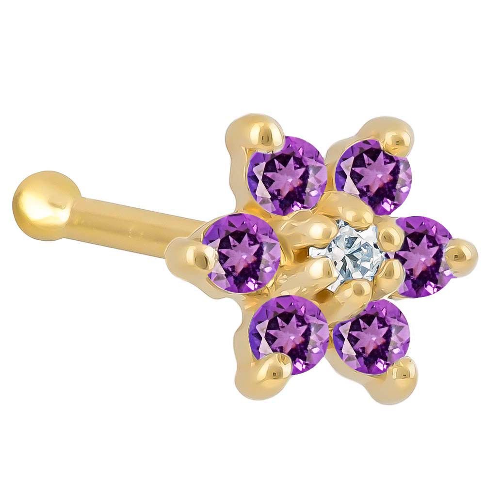 Colorful CZ Flower 14K Gold Nose Bone-14K Yellow Gold   20G   Purple , Clear
