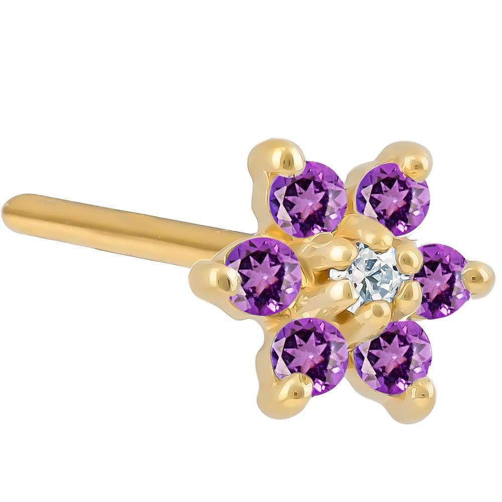 Colorful CZ Flower 14K Gold Nose Ring Pin Post-14K Yellow Gold   20G   Purple , Clear