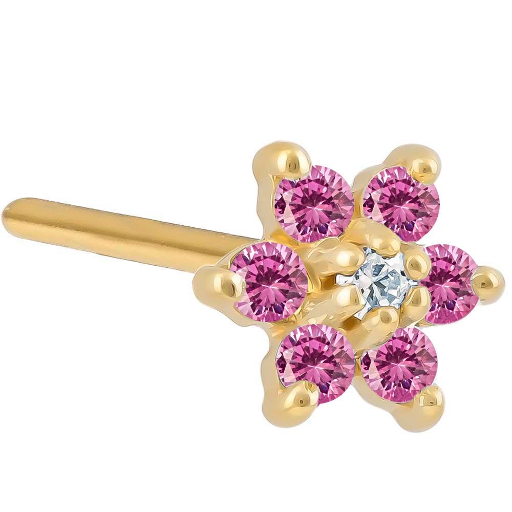 Colorful CZ Flower 14K Gold Nose Ring Pin Post-14K Yellow Gold   20G   Pink , Clear