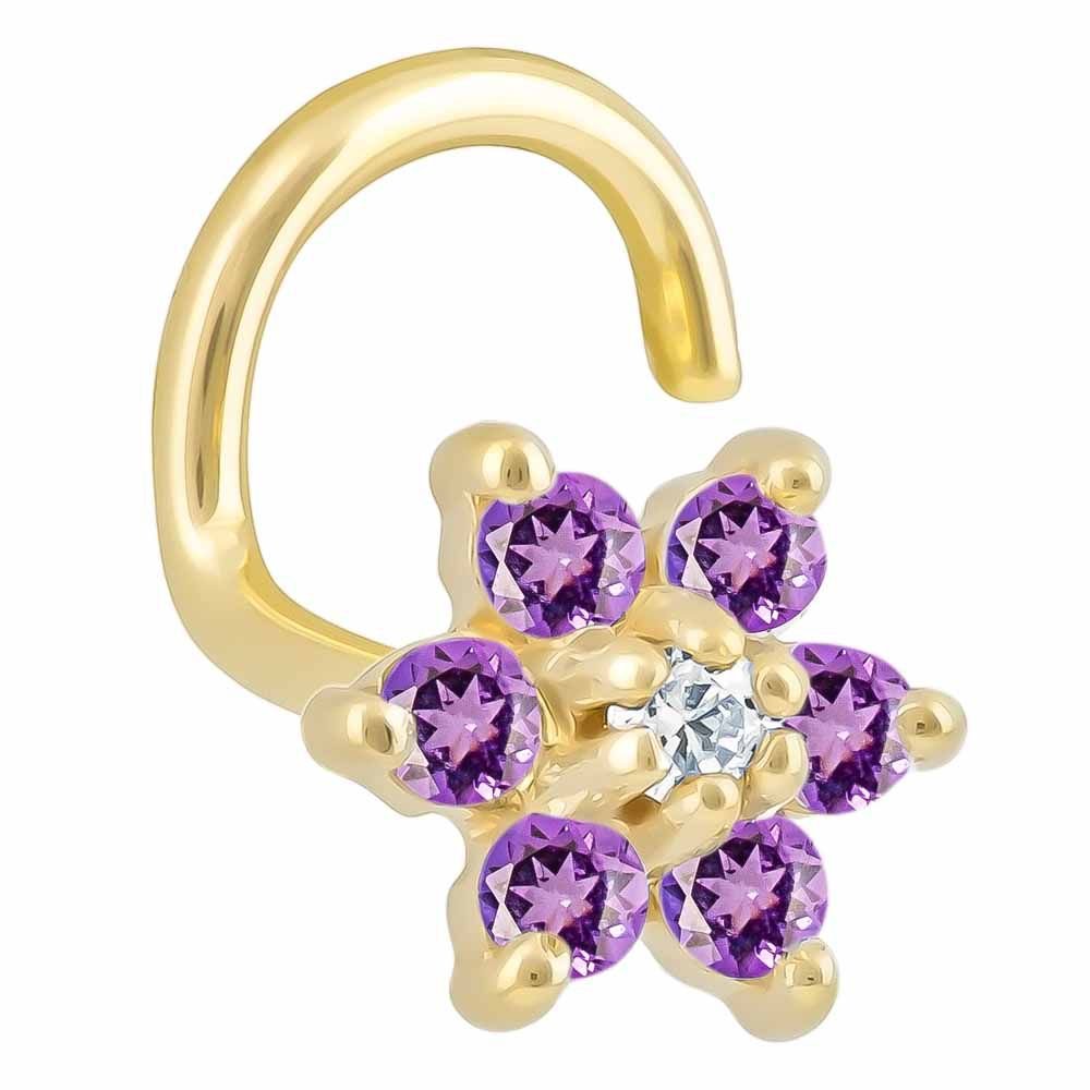 Colorful CZ Flower 14K Gold Nose Twist-14K Yellow Gold   20G   Purple , Clear
