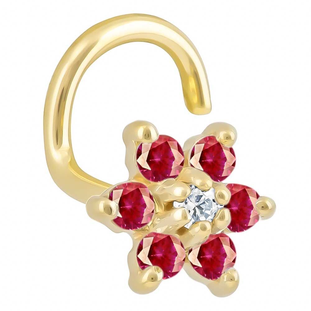 Colorful CZ Flower 14K Gold Nose Twist-14K Yellow Gold   20G   Red , Clear