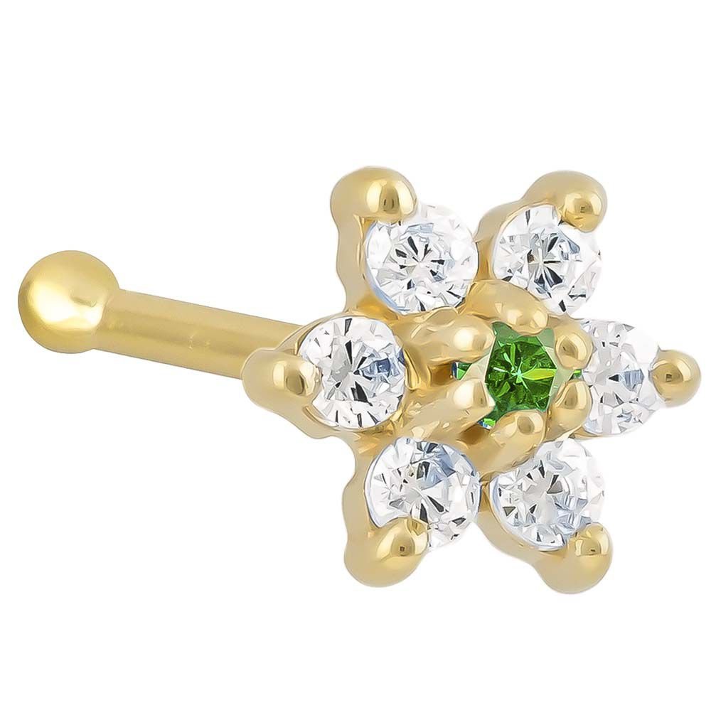 Cubic Zirconia Flower 14K Gold Nose Ring Bone-14K Yellow Gold   20G   Emerald CZ