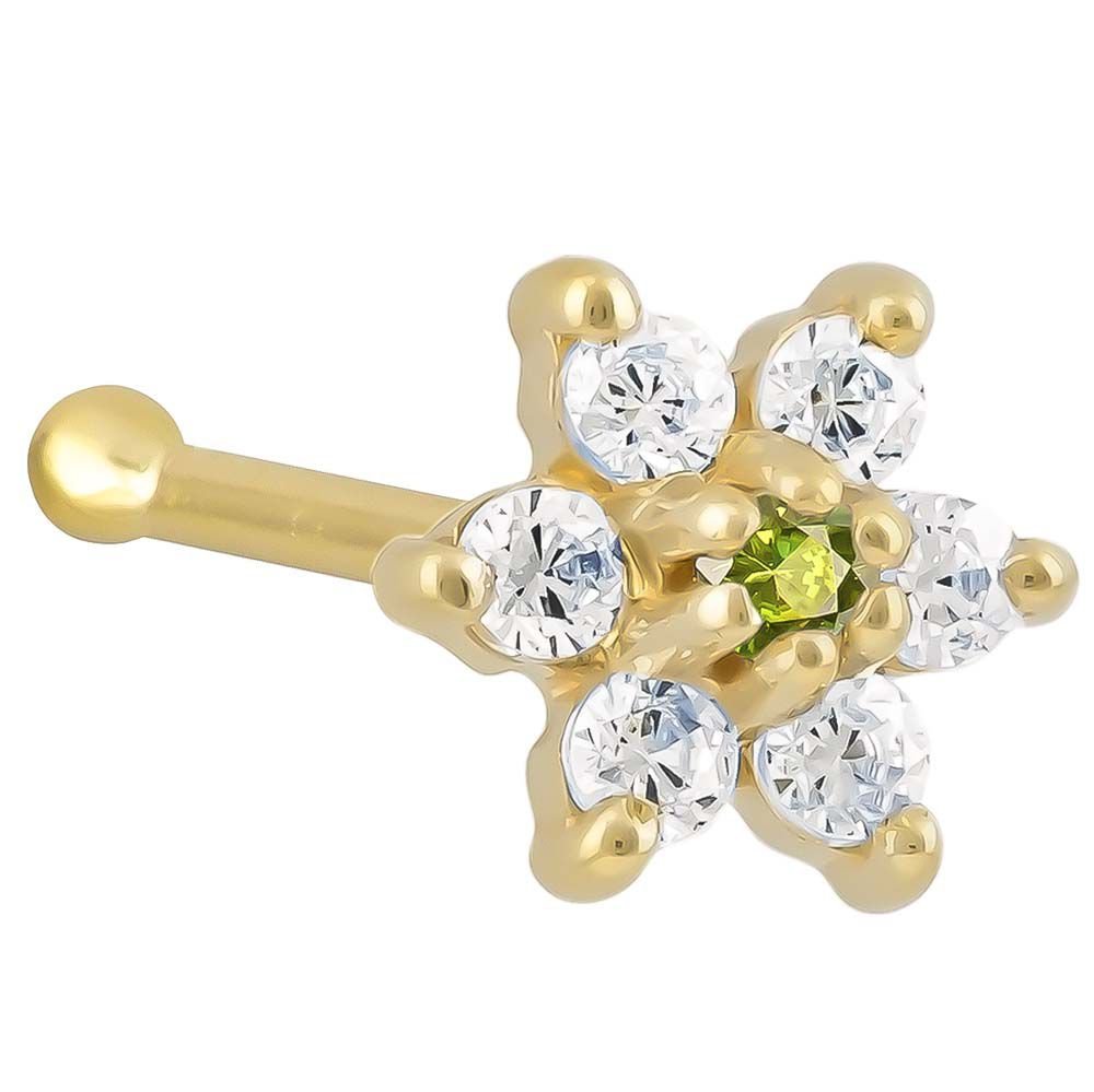 Cubic Zirconia Flower 14K Gold Nose Ring Bone-14K Yellow Gold   20G   Peridot CZ