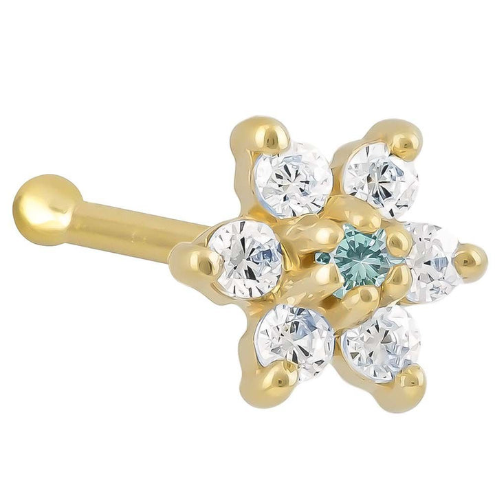 Cubic Zirconia Flower 14K Gold Nose Ring Bone-14K Yellow Gold   20G   Aquamarine CZ