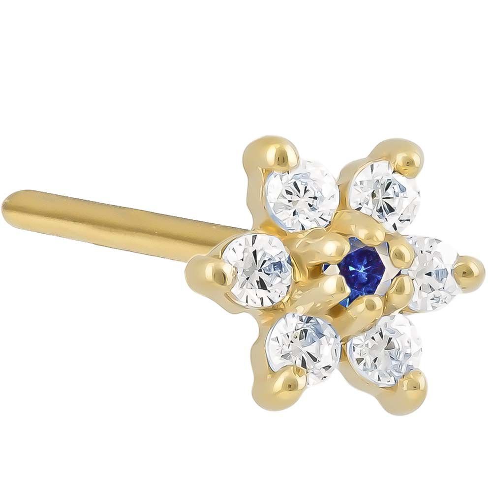 Cubic Zirconia Flower 14K Gold Pin Post Nose Ring-14K Yellow Gold   20G   Blue Sapphire CZ
