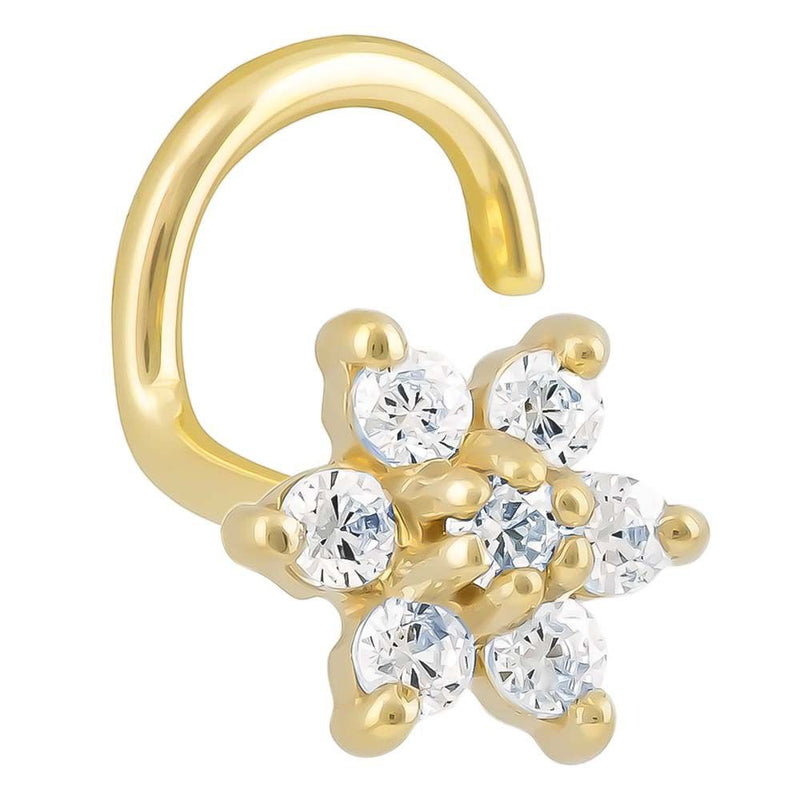 14K yellow gold CZ flower nose ring twist with all-clear CZ stones, front angled view on white