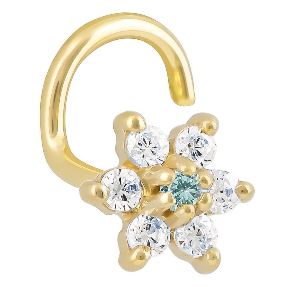 Cubic Zirconia Flower 14K Gold Nose Ring Twist-14K Yellow Gold   18G   Aquamarine CZ