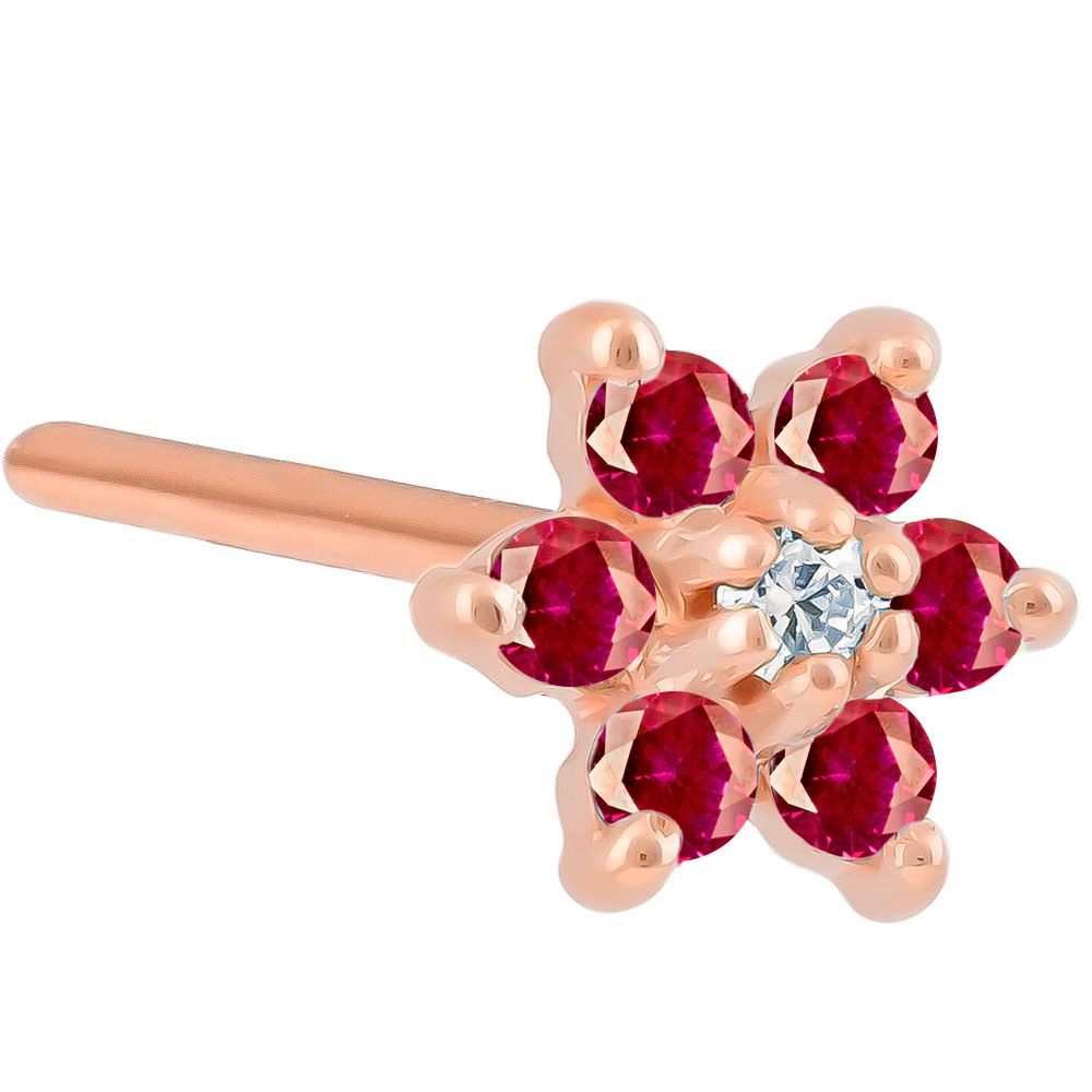 Colorful CZ Flower 14K Gold Nose Ring Pin Post-14K Rose Gold   20G   Red , Clear