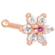 14K rose gold 18G flower nose bone with pink tourmaline CZ center and clear CZ petals