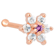 14K rose gold 20G flower nose bone with purple amethyst CZ center and clear CZ petals